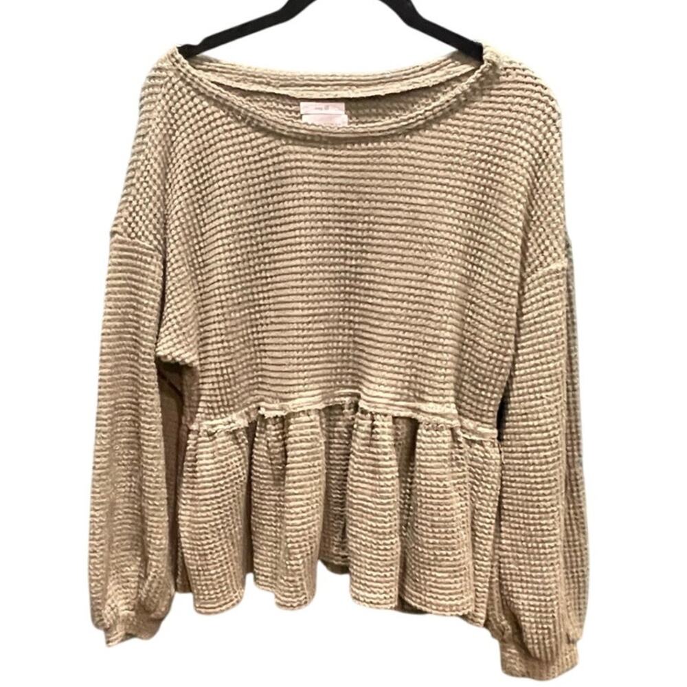 Blu Pepper Women's Medium Green Waffle Knit Peplum Long Sleeve Top Cozy Life